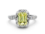 Platinum Fancy Yellow Emerald Cut Diamond Scalloped Halo Engagement Ring with Round Shared Prong Band