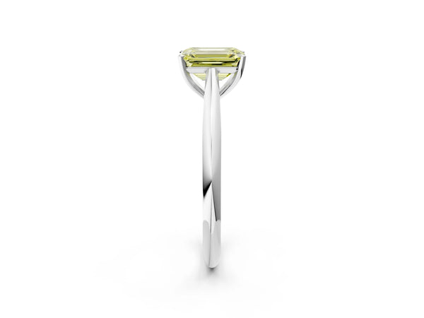 Platinum Fancy Yellow Emerald Cut Diamond Solitaire Engagement Ring with Cathedral Setting and Four-Prong Mount