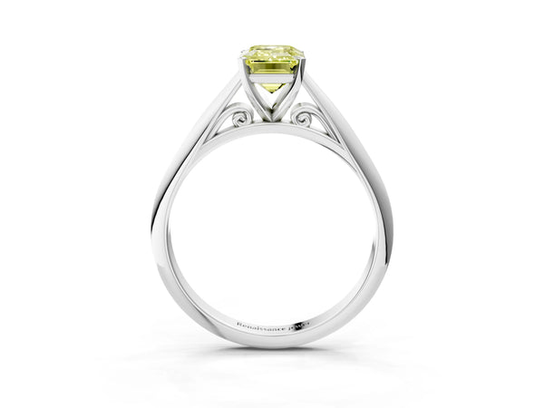 Platinum Fancy Yellow Emerald Cut Diamond Solitaire Engagement Ring with Cathedral Setting and Four-Prong Mount