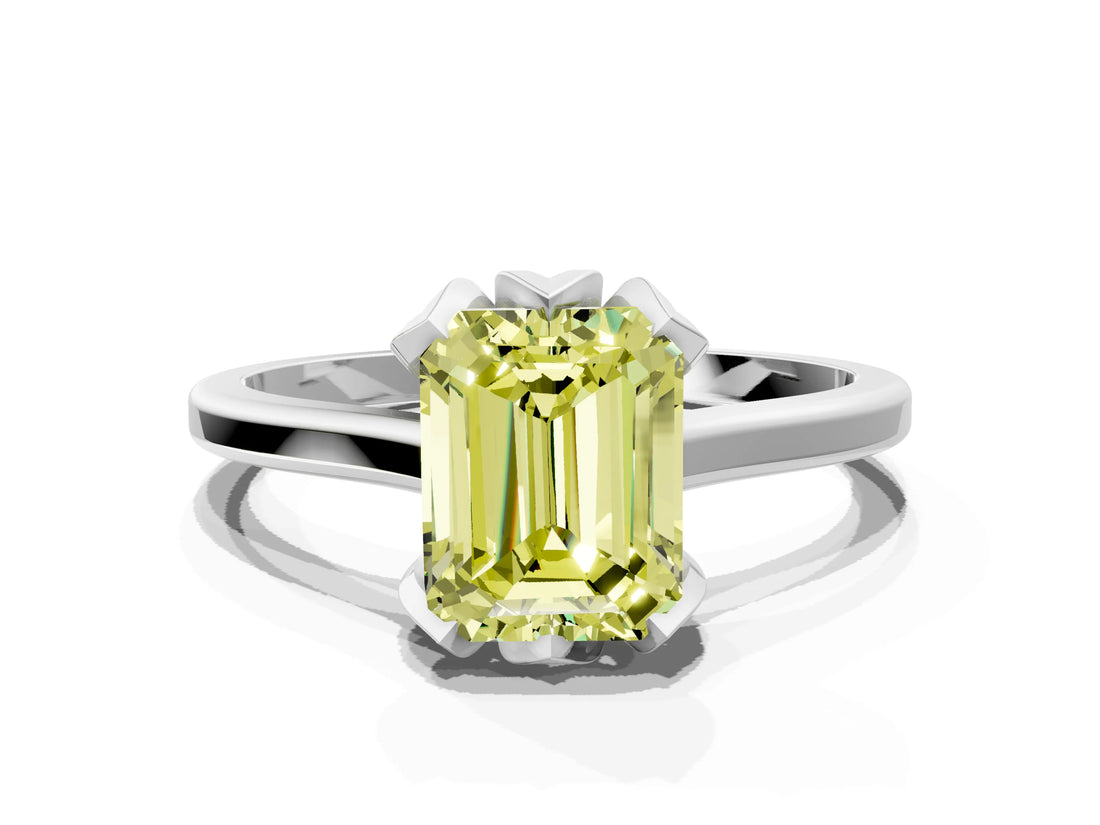 Platinum Fancy Yellow Emerald Cut Diamond Solitaire Ring with Flower Prong Setting and Classic Band