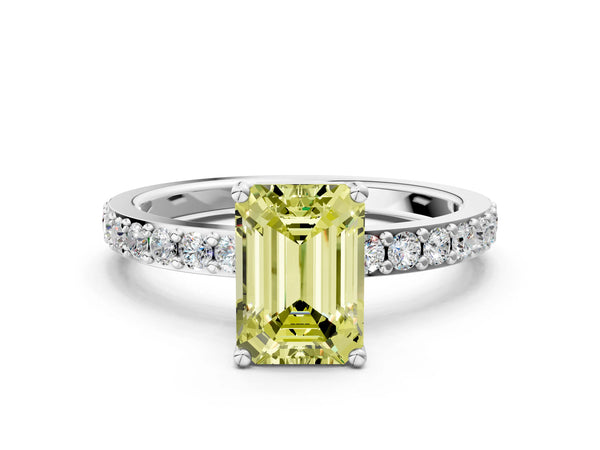 Platinum Fancy Yellow Emerald  Cut Diamond Solitaire with Pave Band and Four-Prong Setting