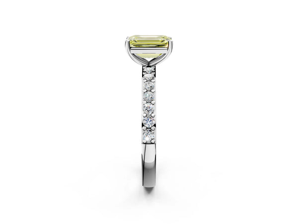 Platinum Fancy Yellow Emerald  Cut Diamond Solitaire with Pave Band and Four-Prong Setting