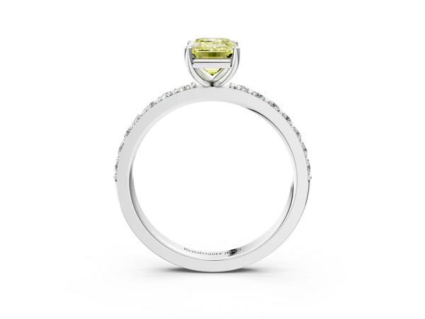 Platinum Fancy Yellow Emerald  Cut Diamond Solitaire with Pave Band and Four-Prong Setting