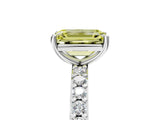 Platinum Fancy Yellow Emerald  Cut Diamond Solitaire with Pave Band and Four-Prong Setting