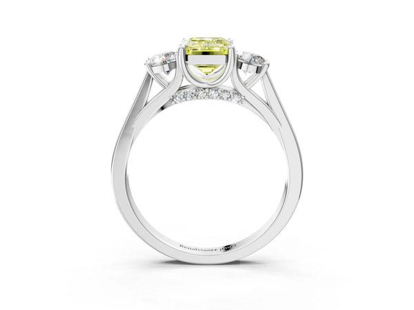 Platinum Fancy Yellow Emerald Cut Diamond Three-Stone Engagement Ring with Prong Setting and Pavé Band