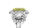 Platinum Fancy Yellow Emerald Cut Diamond Three-Stone Halo Ring with Prong Setting and Pavé Accents_17