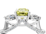 Platinum Fancy Yellow Emerald Cut Diamond Three-Stone Ring with Prong Setting and Pavé Band_10