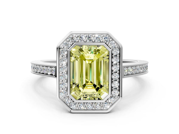 Platinum Fancy Yellow Emerald Cut Halo Bezel Diamond Pave Band Ring