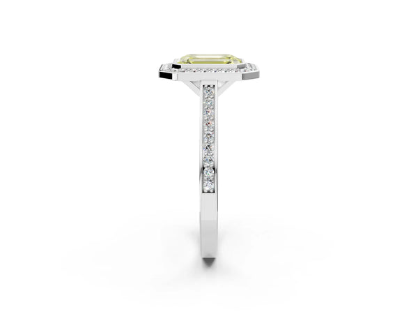 Platinum Fancy Yellow Emerald Cut Halo Bezel Diamond Pave Band Ring
