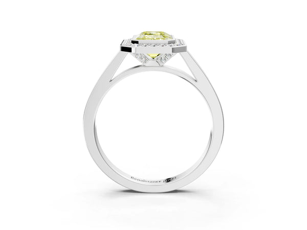 Platinum Fancy Yellow Emerald Cut Halo Bezel Diamond Pave Band Ring