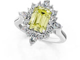 Platinum Fancy Yellow Emerald Cut Halo Diamond Cluster Ring with Marquise and Round Stones on a White Gold Band with Prong Setting_1