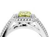 Platinum Fancy Yellow Emerald Cut Halo Diamond Ring with Beaded Split Shank and Four-Prong Setting_10