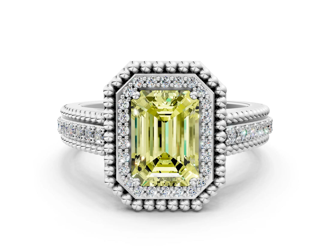 Platinum Fancy Yellow Emerald Cut Halo Diamond Ring with Beaded Split Shank and Four-Prong Setting_6