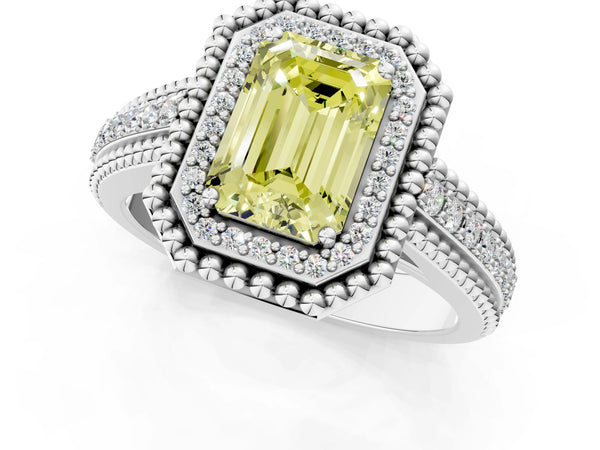 Platinum Emerald Cut Beaded Halo Engagement Ring Setting for Fancy Yellow Center with Pave
