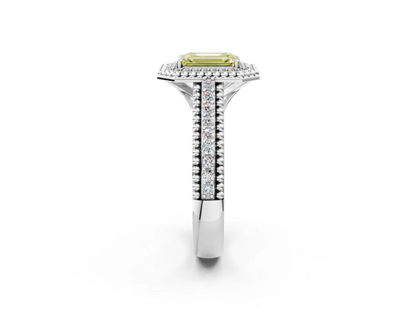 Platinum Emerald Cut Beaded Halo Engagement Ring Setting for Fancy Yellow Center with Pave