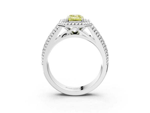 Platinum Emerald Cut Beaded Halo Engagement Ring Setting for Fancy Yellow Center with Pave