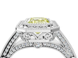 Platinum Fancy Yellow Emerald Cut Halo Diamond Split Shank Pave Ring_10