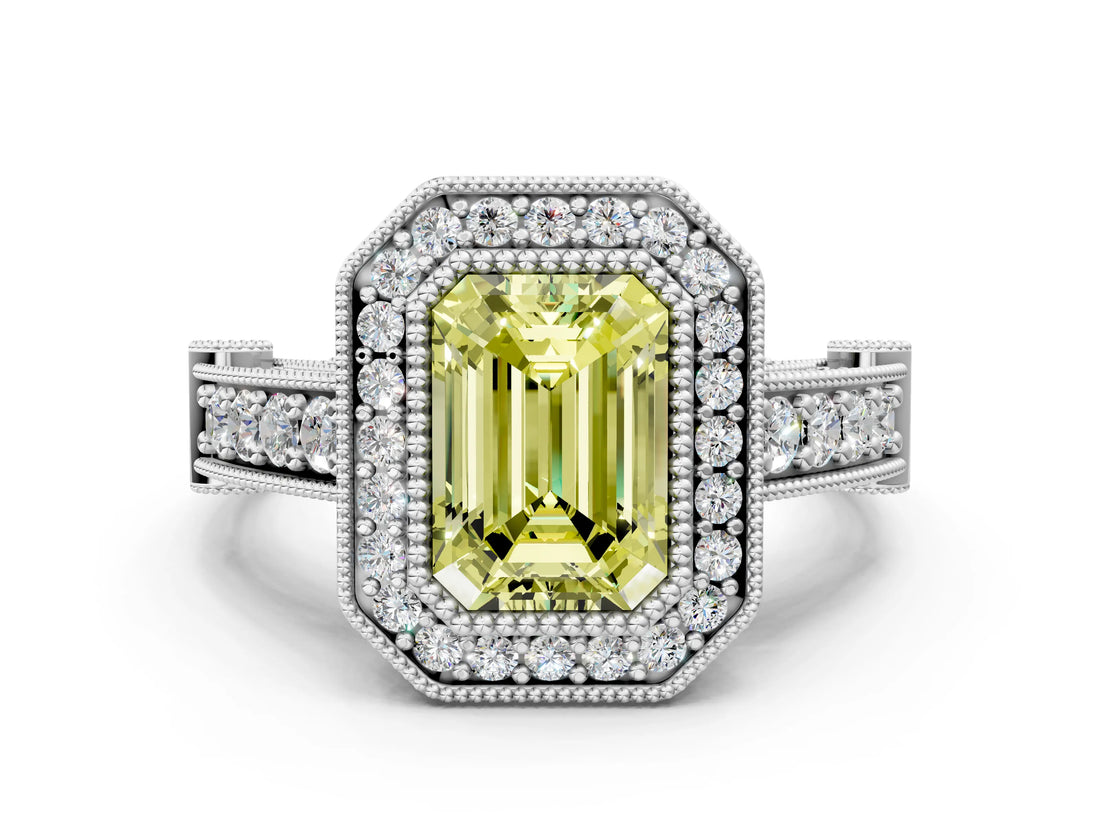 Platinum Fancy Yellow Emerald Cut Halo Diamond Split Shank Pave Ring_6