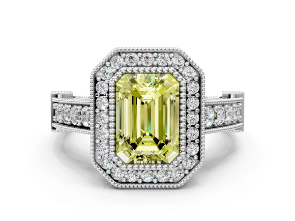 Platinum Emerald Cut Vintage Bezel Halo Engagement Ring Setting for Fancy Yellow Center