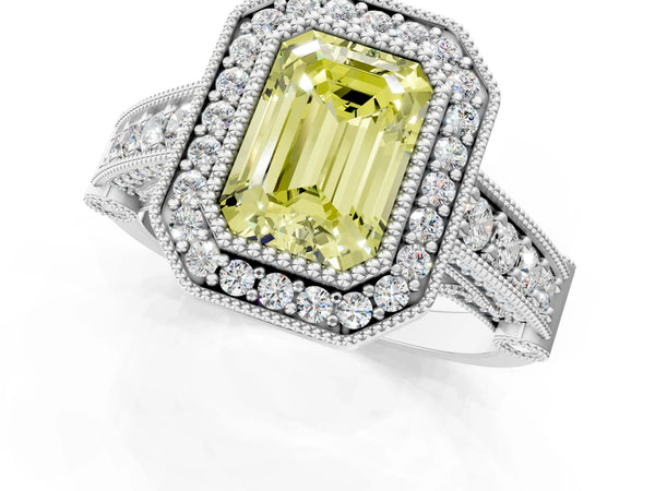 Platinum Emerald Cut Vintage Bezel Halo Engagement Ring Setting for Fancy Yellow Center