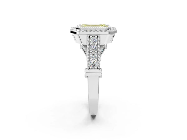 Platinum Emerald Cut Vintage Bezel Halo Engagement Ring Setting for Fancy Yellow Center