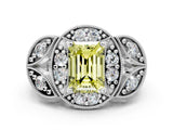 Platinum Fancy Yellow Emerald Cut Halo Milgrain Diamond Engagement Ring with Leaf Band and Four-Prong Setting_12