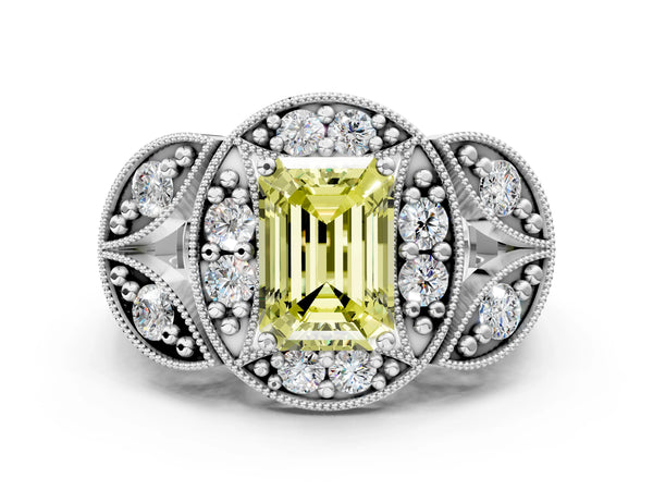 Platinum Fancy Yellow Emerald Cut Halo Milgrain Diamond Engagement Ring with Leaf Band and Four-Prong Setting