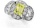 Platinum Fancy Yellow Emerald Cut Halo Milgrain Diamond Engagement Ring with Leaf Band and Four-Prong Setting_13