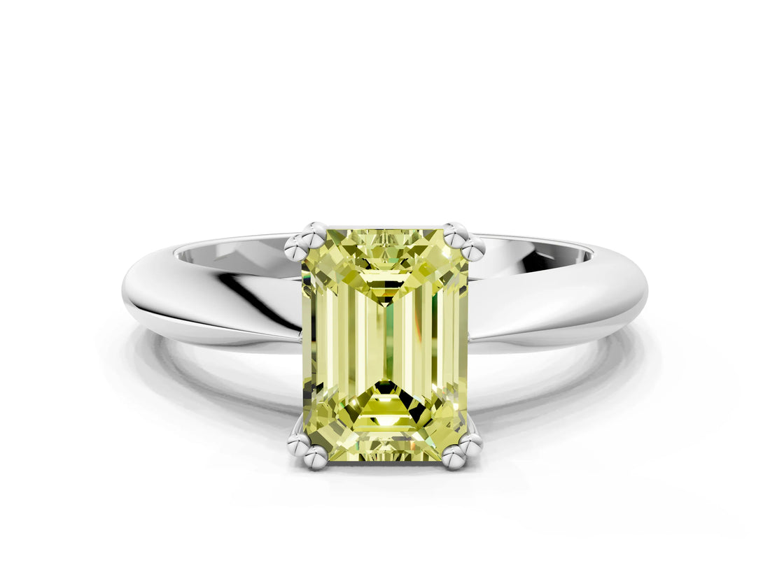 Platinum Fancy Yellow Emerald  Cut Solitaire Engagement Ring with Tapered Band and Four-Prong Setting