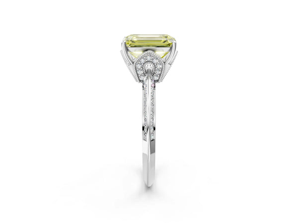 Platinum Emerald Cut Graduated Pave Engagement Ring Setting for Fancy Yellow Center