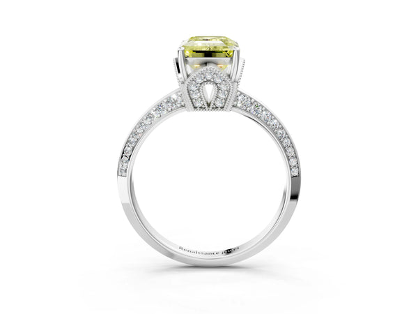 Platinum Emerald Cut Graduated Pave Engagement Ring Setting for Fancy Yellow Center