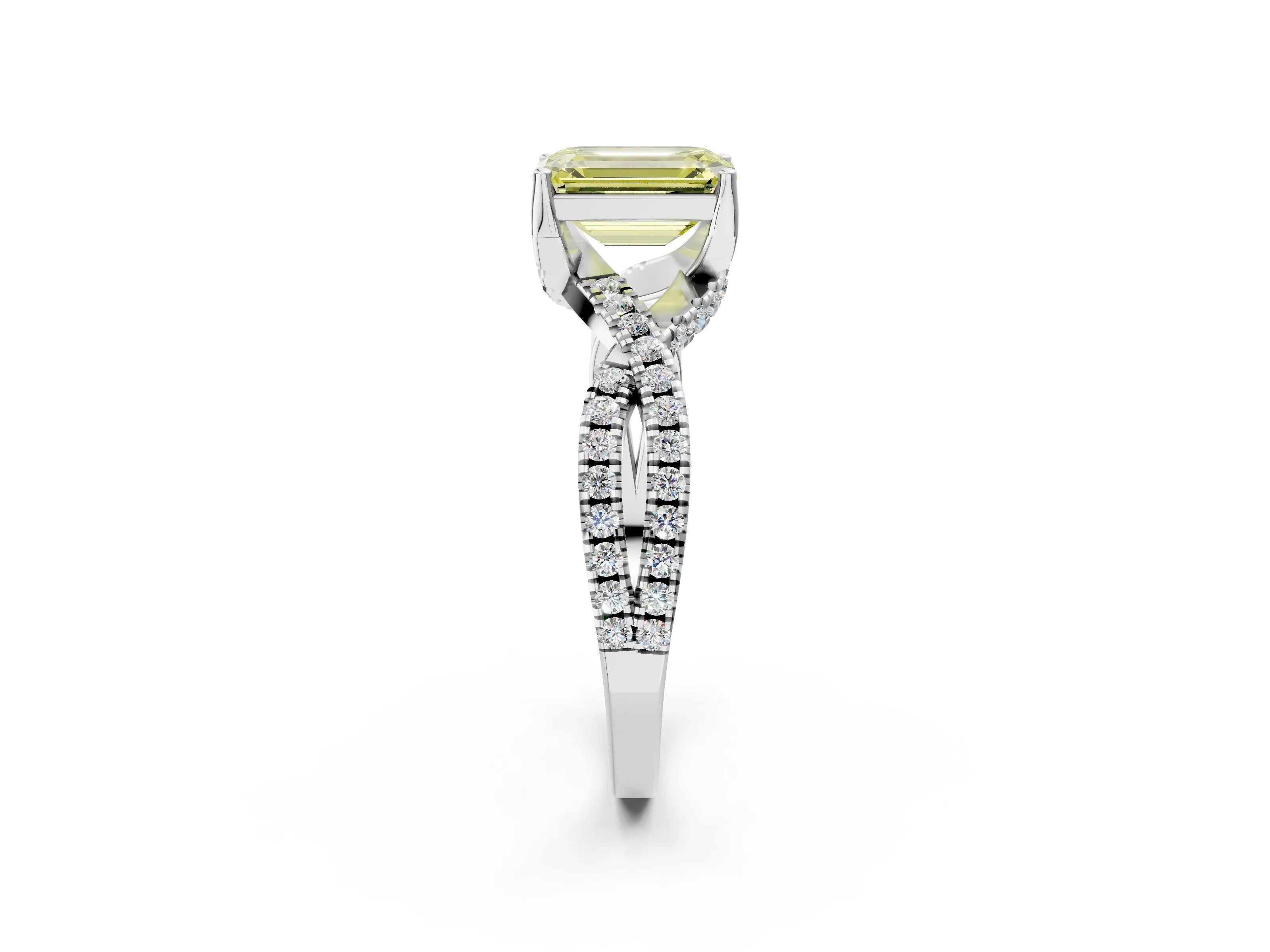 Platinum Fancy Yellow Emerald Cut Solitaire Twist Pave Diamond Engagement Ring with Prong Setting_44