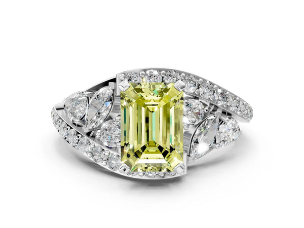 Platinum Emerald Cut Bypass Engagement Ring Setting for Fancy Yellow Center