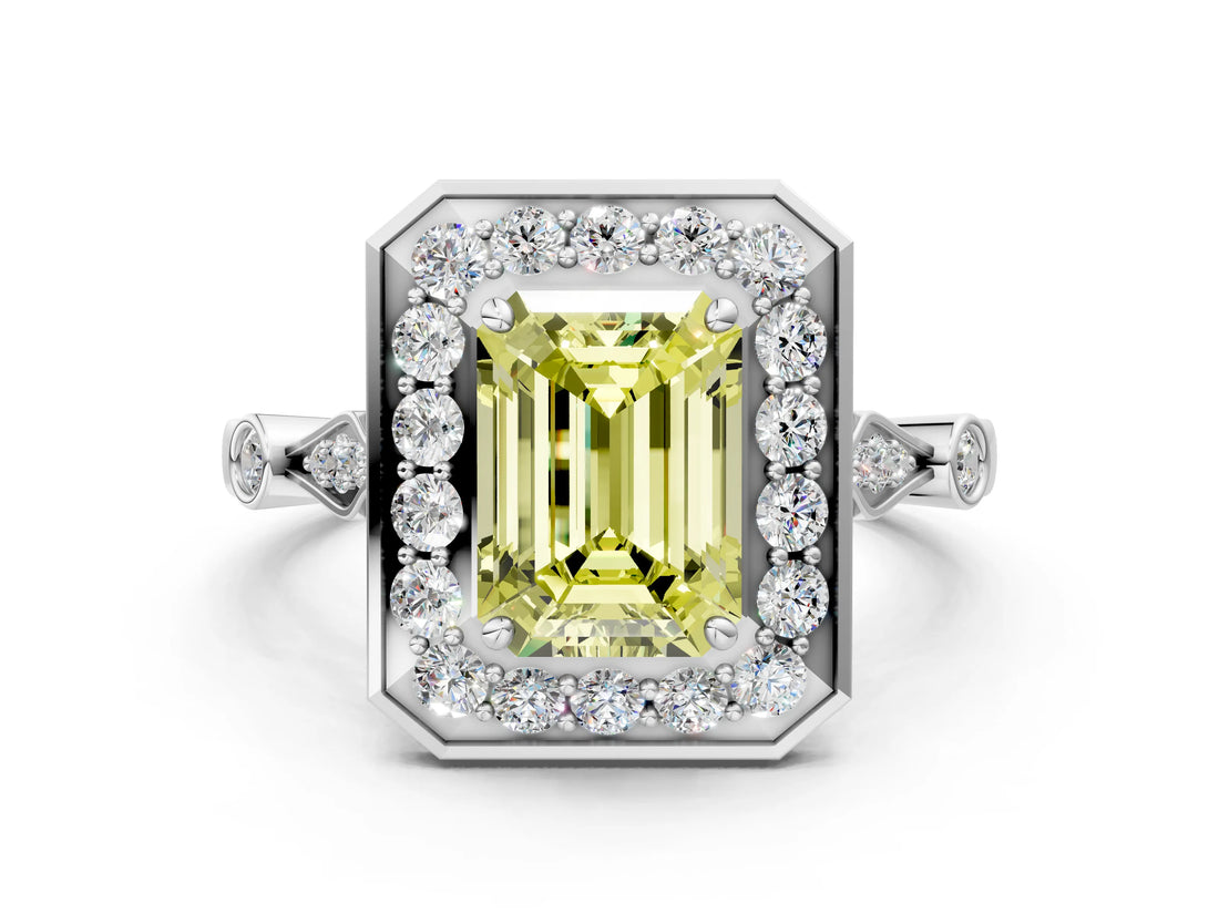 Platinum Fancy Yellow Emerald  Halo Diamond Engagement Ring with Twisted Band and Four-Prong Setting 1