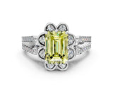 Platinum Fancy Yellow Emerald  Halo Diamond Floral Split Shank Engagement Ring 1