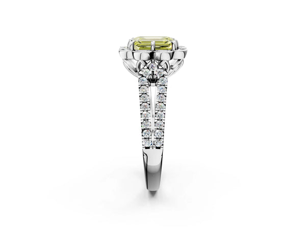 Platinum Fancy Yellow Emerald  Halo Diamond Floral Split Shank Engagement Ring