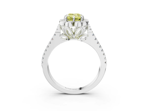 Platinum Fancy Yellow Emerald  Halo Diamond Floral Split Shank Engagement Ring
