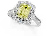Platinum Fancy Yellow Emerald  Halo Milgrain Pave Diamond Ring with Four-Prong Setting 1