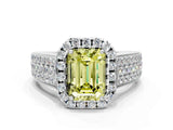 Platinum Fancy Yellow Emerald  Halo Round Diamond Pave Band with Prong Setting