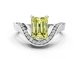 Platinum Fancy Yellow Emerald  Solitaire Diamond Engagement Ring with Pave Band and Four-Prong Setting