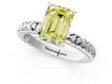 Platinum Fancy Yellow Emerald  Solitaire Diamond Engagement Ring with XO Engraved Band and Four-Prong Setting 2