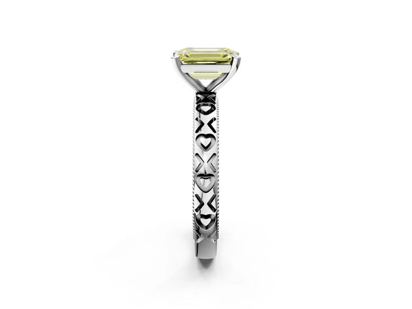 Platinum Fancy Yellow Emerald  Solitaire Diamond Engagement Ring with XO Engraved Band and Four-Prong Setting