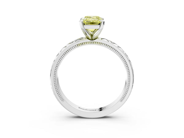 Platinum Fancy Yellow Emerald  Solitaire Diamond Engagement Ring with XO Engraved Band and Four-Prong Setting