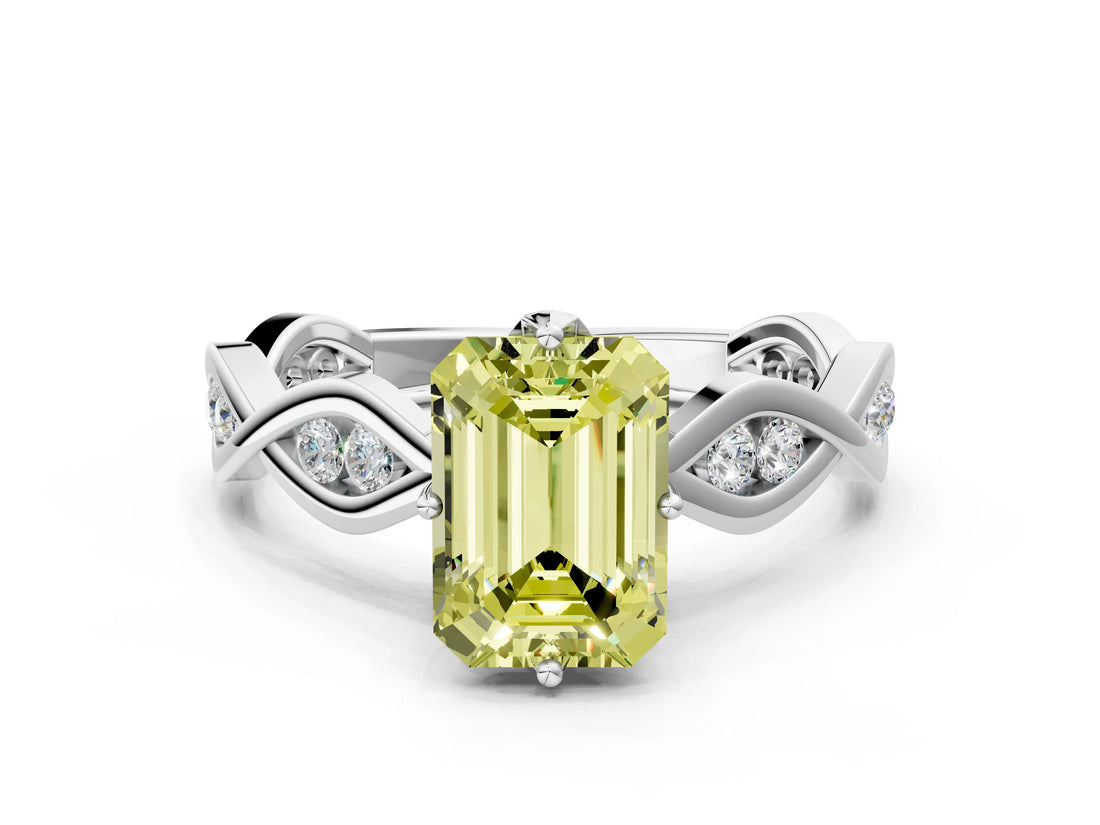 Platinum Fancy Yellow Emerald  Solitaire Twist Band with Leaf Prong Setting 1