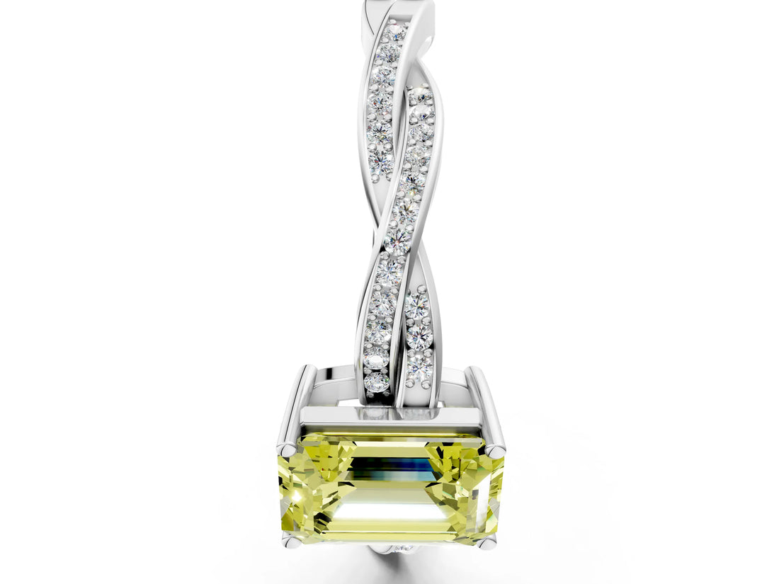 Platinum Fancy Yellow Emerald  Solitaire Twisted Pave Diamond Ring with Four-Prong Setting_6