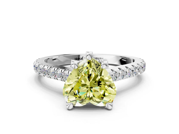 Platinum Fancy Yellow Heart  Brilliant Diamond Solitaire with Pavé Band and Four-Prong Setting