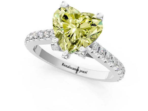 Platinum Fancy Yellow Heart  Brilliant Diamond Solitaire with Pavé Band and Four-Prong Setting