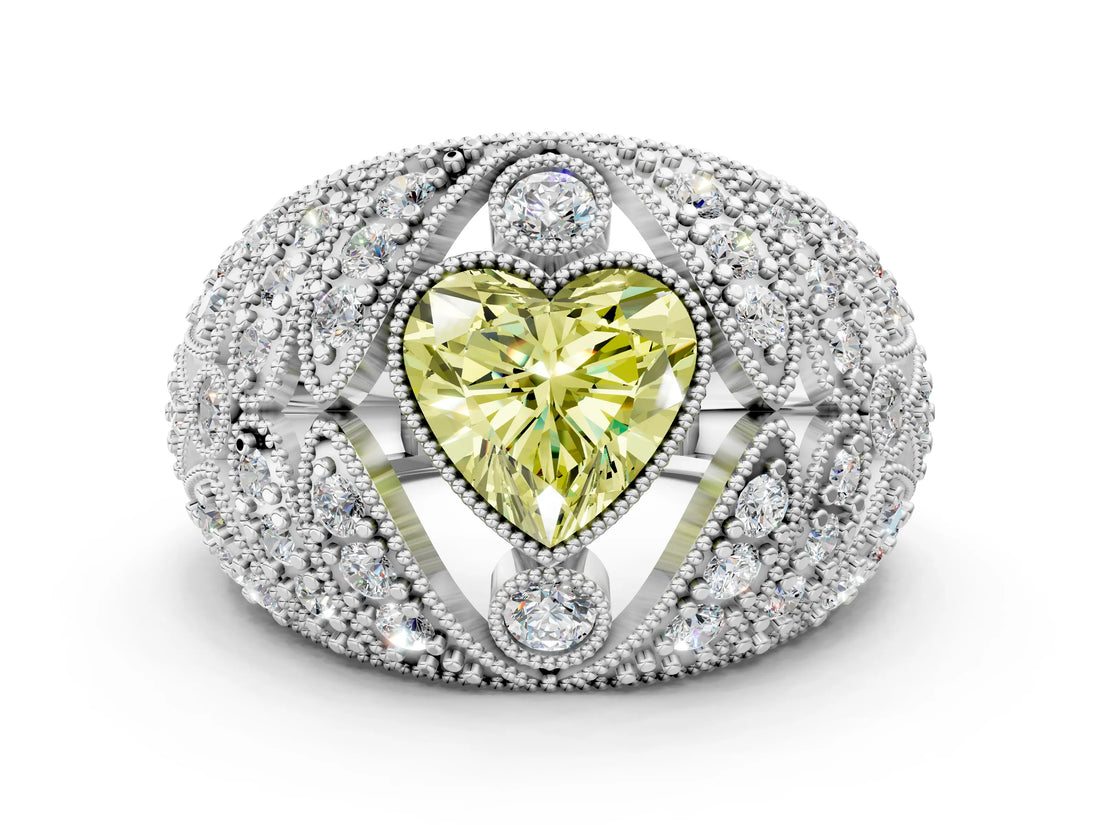 Platinum Fancy Yellow Heart Cut Brilliant Halo Pave Diamond Milgrain Ring_6