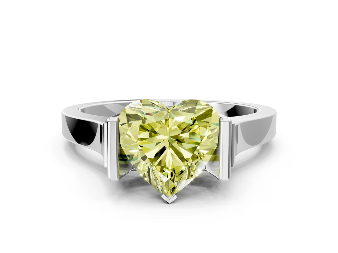Platinum Fancy Yellow Heart Cut Brilliant Solitaire Diamond Ring with Channel Set Band and Bar Prong Setting_36