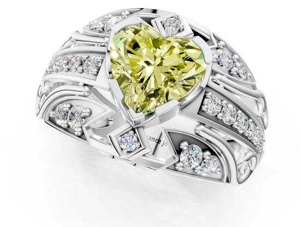Platinum Fancy Yellow Heart Cut Diamond Pave Art Deco Split Shank Ring with Four-Prong Setting